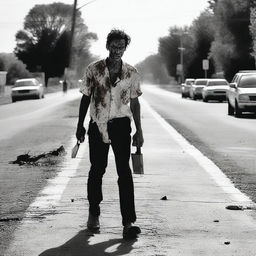 A man walking along the side of the road in summer, carrying a bloody machete in his hand