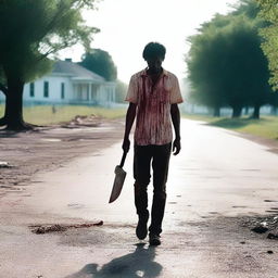 A man walking along the side of the road in summer, carrying a bloody machete in his hand