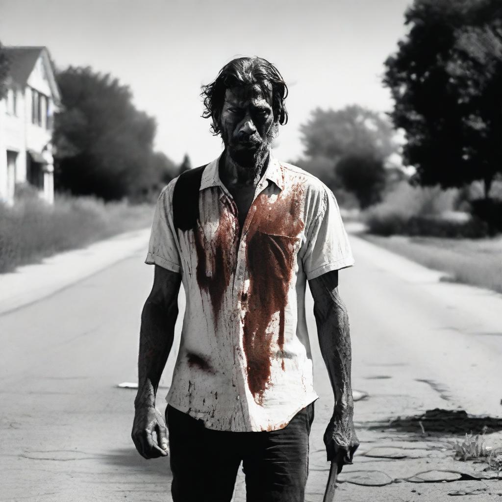 A man walking along the side of the road in summer, carrying a bloody machete in his hand