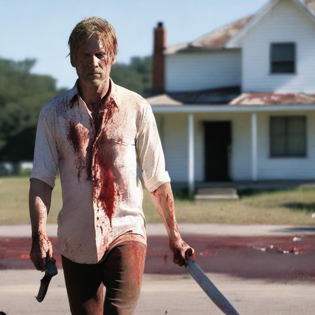 A white man walking along the side of the road in summer, carrying a bloody machete in his hand