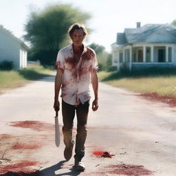 A white man walking along the side of the road in summer, carrying a bloody machete in his hand