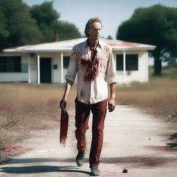 A white man walking along the side of the road in summer, carrying a bloody machete in his hand