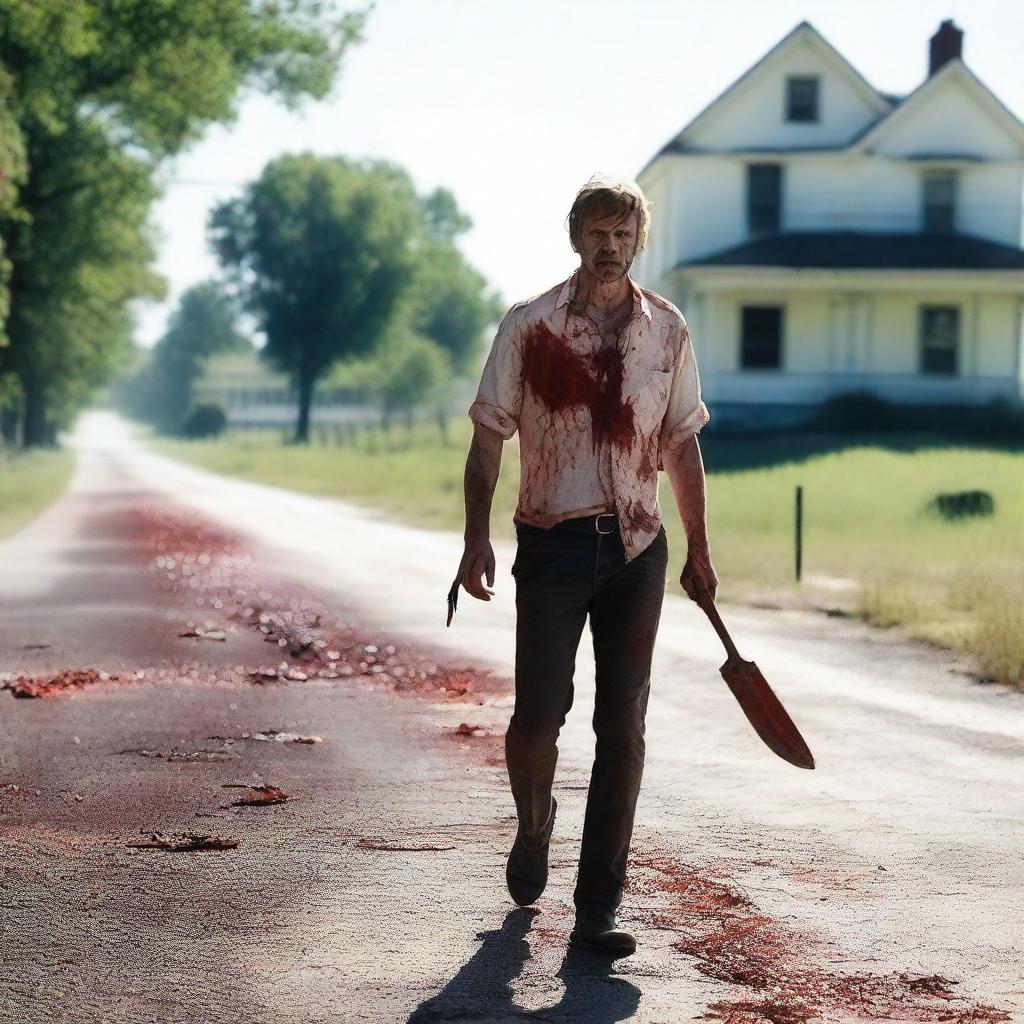 A white man walking along the side of the road in summer, carrying a bloody machete in his hand