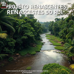 Create an image depicting the 'PROJETO RENASCENTES DO RIO UBÁ,' which focuses on the ecological restoration of degraded areas and the promotion of socio-environmental integrity in the Amazonian hydroterritories