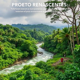 Create an image depicting the 'PROJETO RENASCENTES DO RIO UBÁ,' which focuses on the forest restoration of degraded areas and the promotion of socio-environmental integrity in the Amazonian hydroterritories