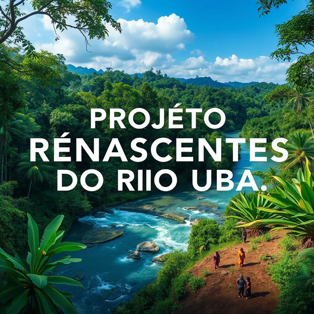 Create an image depicting the 'PROJETO RENASCENTES DO RIO UBÁ,' which focuses on the forest restoration of degraded areas and the promotion of socio-environmental integrity in the Amazonian hydroterritories