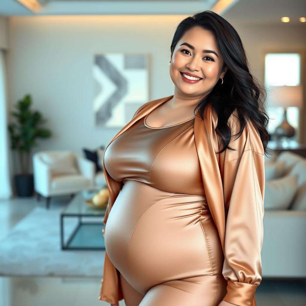 A chubby Asian mom wearing an extremely tight satin silk bodysuit and a silk jacket, standing in a modern living room