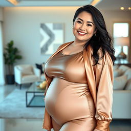 A chubby Asian mom wearing an extremely tight satin silk bodysuit and a silk jacket, standing in a modern living room