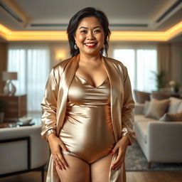 A chubby Asian mom wearing an extremely tight satin silk bodysuit and a silk jacket, standing in a modern living room