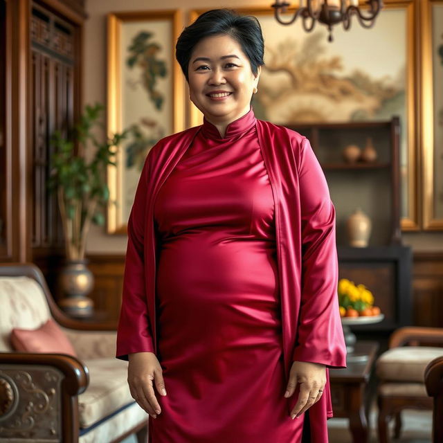 A chubby Asian mom wearing an extremely tight satin silk Baju Kurung dress with a silk jacket over it