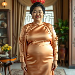 A chubby Asian mom wearing an extremely tight satin silk Baju Kurung dress with a silk jacket over it