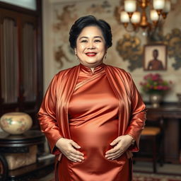 A chubby Asian mom wearing an extremely tight satin silk Baju Kurung dress with a silk jacket over it