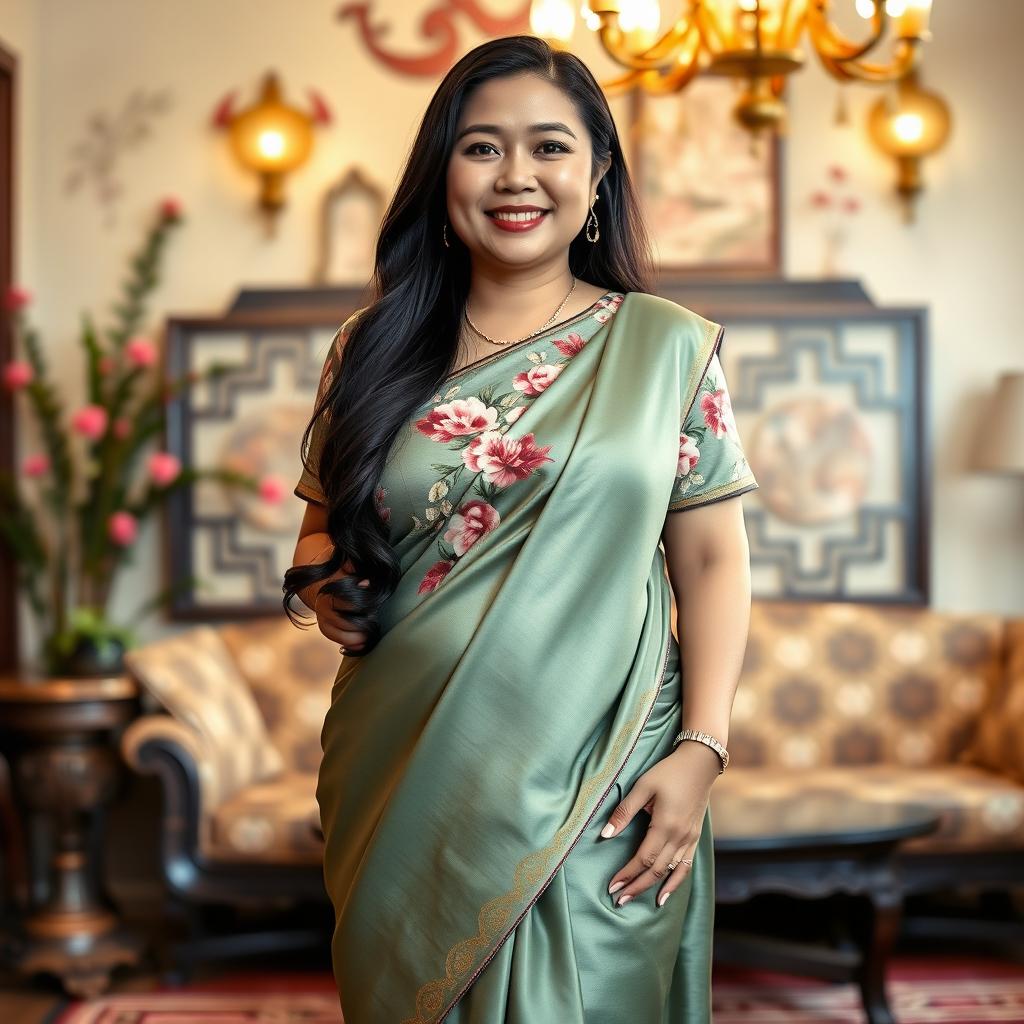 A chubby Asian mom with long hair wearing an extremely tight satin silk floral Baju Kurung, layered with a super silky satin saree