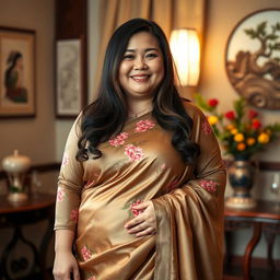 A chubby Asian mom with long hair wearing an extremely tight satin silk floral Baju Kurung, layered with a super silky satin saree