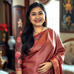 A chubby Asian mom with long hair wearing an extremely tight satin silk floral Baju Kurung, layered with a super silky satin saree