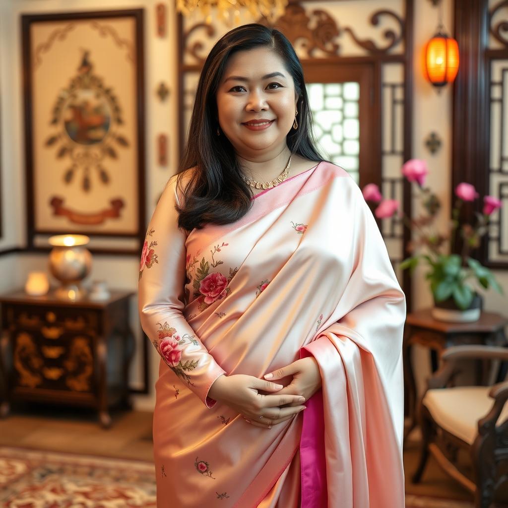 A chubby Asian mom with long hair wearing an extremely tight satin silk floral Baju Kurung, layered with a super silky satin saree