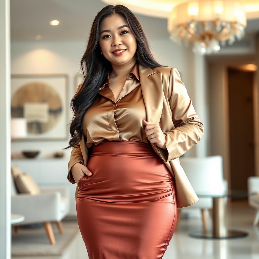 A chubby Asian mom with long hair wearing an extremely tight satin silk skirt and a super tight satin shirt that sticks to her body, along with a satin jacket