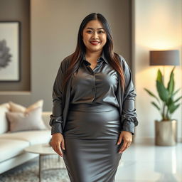 A chubby Asian mom with long hair wearing an extremely tight satin silk skirt and a super tight satin shirt that sticks to her body, along with a satin jacket