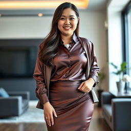 A chubby Asian mom with long hair wearing an extremely tight satin silk skirt and a super tight satin shirt that sticks to her body, along with a satin jacket