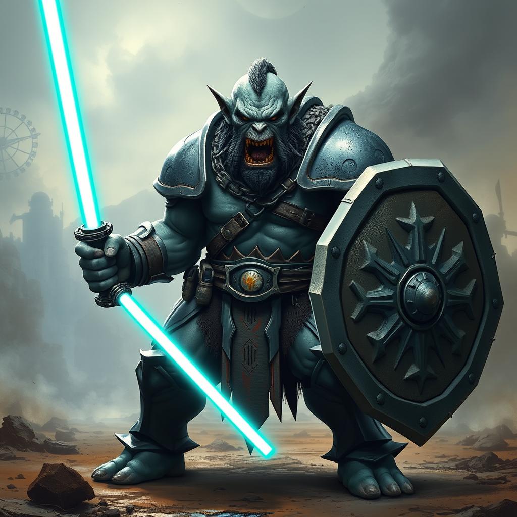 A fierce orc with grey skin, clad in heavy armor, holding a shield in one hand and a glowing light saber in the other