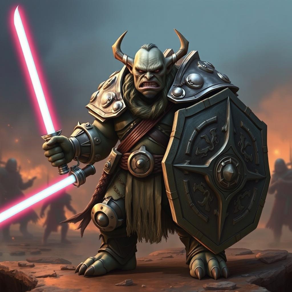 A fierce orc with grey skin, clad in heavy armor, holding a shield in one hand and a glowing light saber in the other