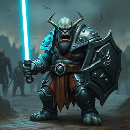 A fierce orc with grey skin, clad in heavy armor, holding a shield in one hand and a glowing light saber in the other