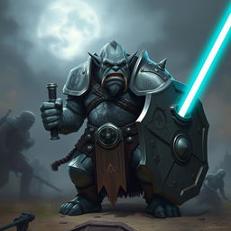 A fierce orc with grey skin, clad in heavy armor, holding a shield in one hand and a glowing light saber in the other