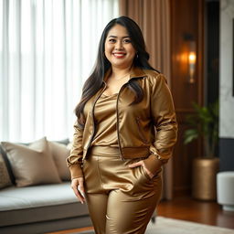 A chubby Asian mom with long hair wearing extremely tight satin silk trousers and an extremely tight satin silk jacket with a zipper