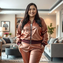 A chubby Asian mom with long hair wearing extremely tight satin silk trousers and an extremely tight satin silk jacket with a zipper