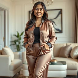 A chubby Asian mom with long hair wearing extremely tight satin silk trousers and an extremely tight satin silk jacket with a zipper