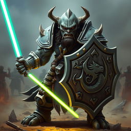 A fierce orc with grey skin, clad in heavy armor, holding a shield in one hand and a glowing light saber in the other