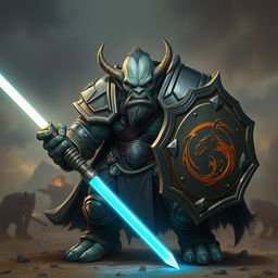 A fierce orc with grey skin, clad in heavy armor, holding a shield in one hand and a glowing light saber in the other