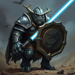 A fierce orc with grey skin, clad in heavy armor, holding a shield in one hand and a glowing light saber in the other