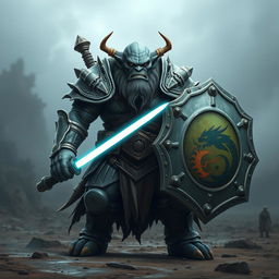 A fierce orc with grey skin, clad in heavy armor, holding a shield in one hand and a glowing light saber in the other