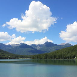 A serene landscape featuring a clear blue lake surrounded by lush green trees and mountains in the background under a bright blue sky with fluffy white clouds