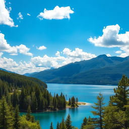 A serene landscape featuring a clear blue lake surrounded by lush green trees and mountains in the background under a bright blue sky with fluffy white clouds