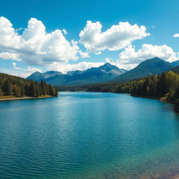 A serene landscape featuring a clear blue lake surrounded by lush green trees and mountains in the background under a bright blue sky with fluffy white clouds