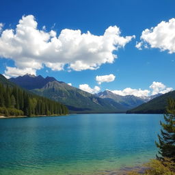 A serene landscape featuring a clear blue lake surrounded by lush green trees and mountains in the background under a bright blue sky with fluffy white clouds