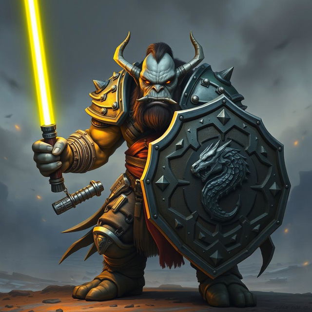 A fierce orc with grey skin, clad in heavy armor, holding a shield in one hand and a glowing yellow light saber in the other