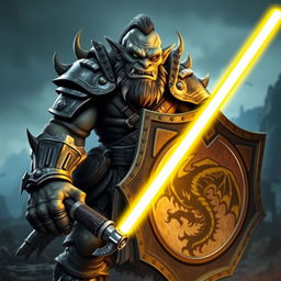 A fierce orc with grey skin, clad in heavy armor, holding a shield in one hand and a glowing yellow light saber in the other