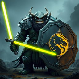 A fierce orc with grey skin, clad in heavy armor, holding a shield in one hand and a glowing yellow light saber in the other