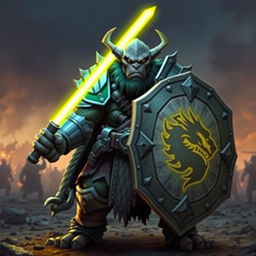 A fierce orc with grey skin, clad in heavy armor, holding a shield in one hand and a glowing yellow light saber in the other