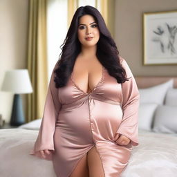 A chubby Latina mom with long hair and a curvy figure, wearing an extremely tight satin silk nightgown and an extremely tight satin silk jacket with a zipper