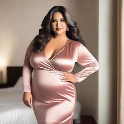 A chubby Latina mom with long hair and a curvy figure, wearing an extremely tight satin silk nightgown and an extremely tight satin silk jacket with a zipper