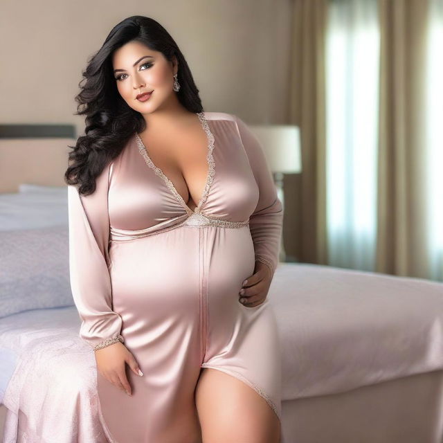 A chubby Latina mom with long hair and a curvy figure, wearing an extremely tight satin silk nightgown and an extremely tight satin silk jacket with a zipper