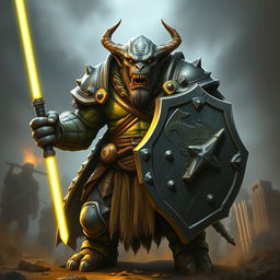 A fierce orc with no horns and grey skin, clad in heavy armor, holding a shield in one hand and a glowing yellow light saber in the other