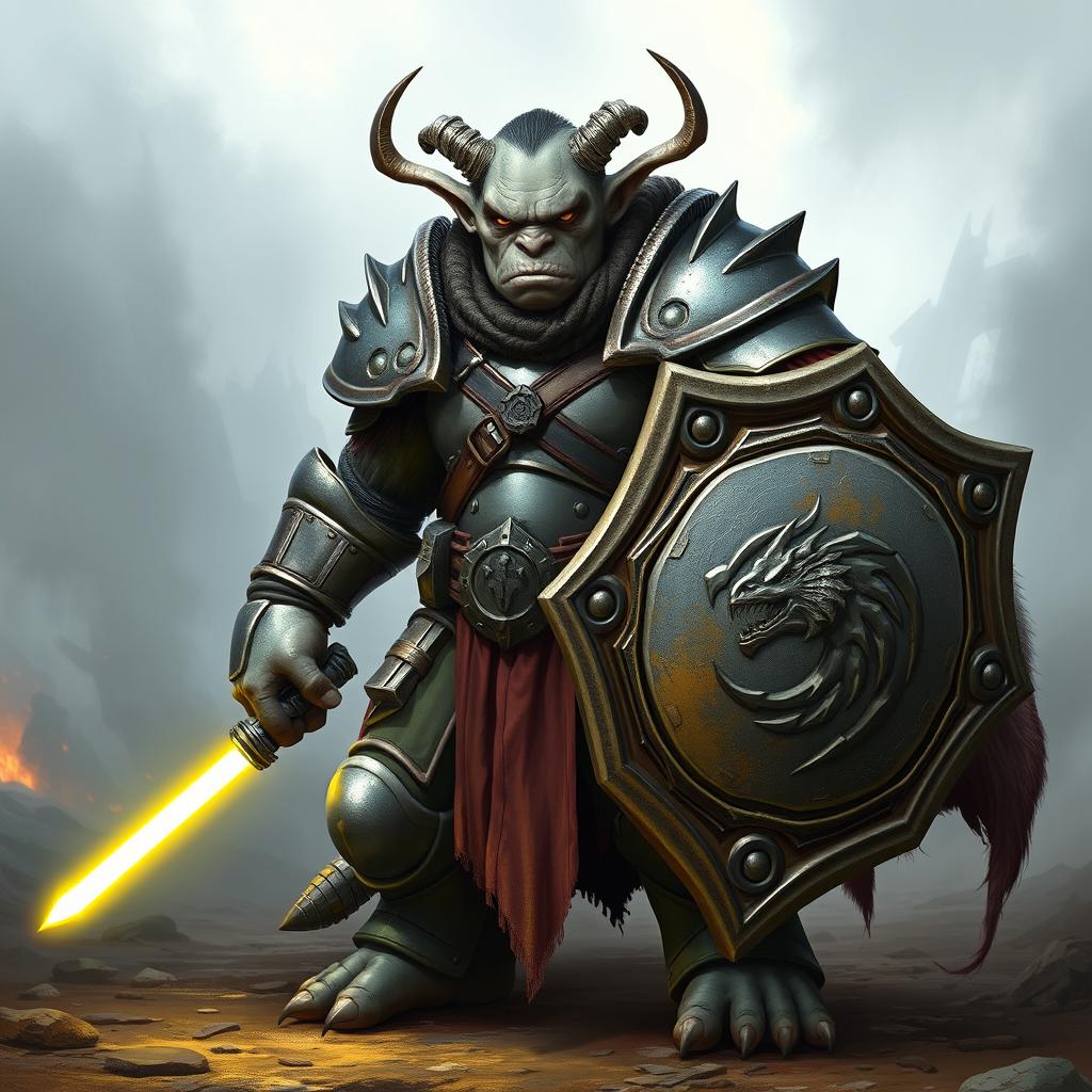 A fierce orc with no horns and grey skin, clad in heavy armor, holding a shield in one hand and a glowing yellow light saber in the other