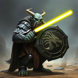 A fierce orc with no horns and grey skin, clad in heavy armor, holding a shield in one hand and a glowing yellow light saber in the other