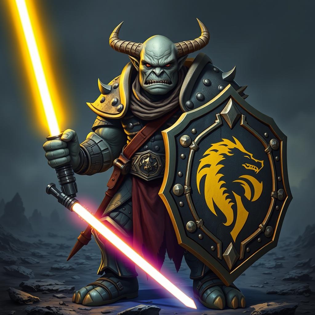 A fierce orc without horns and grey skin, clad in heavy armor, holding a shield in one hand and a glowing yellow light saber in the other