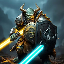 A fierce orc without horns and grey skin, clad in heavy armor, holding a shield in one hand and a glowing yellow light saber in the other